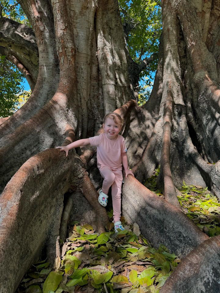 Child sitting on a large tree with sprawling roots