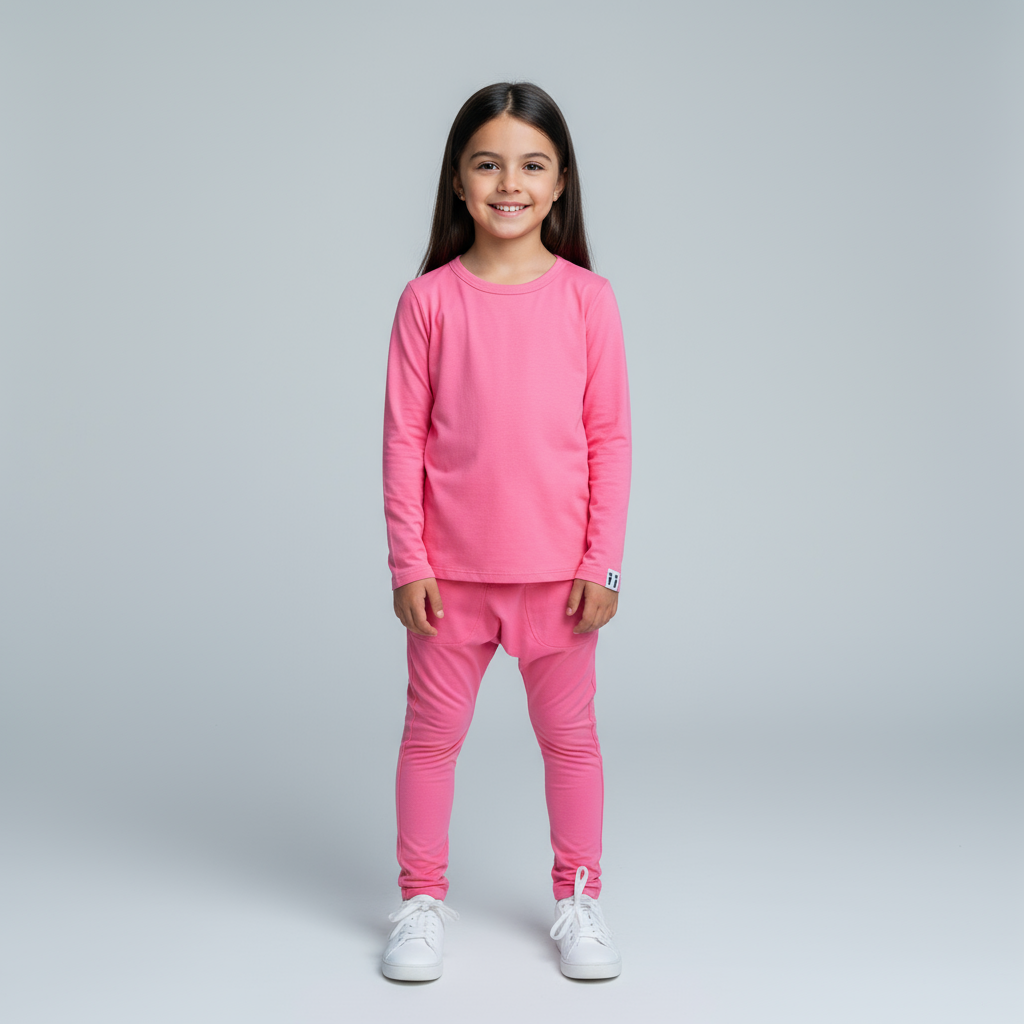 Young girl wearing a pink outfit on a gray background
