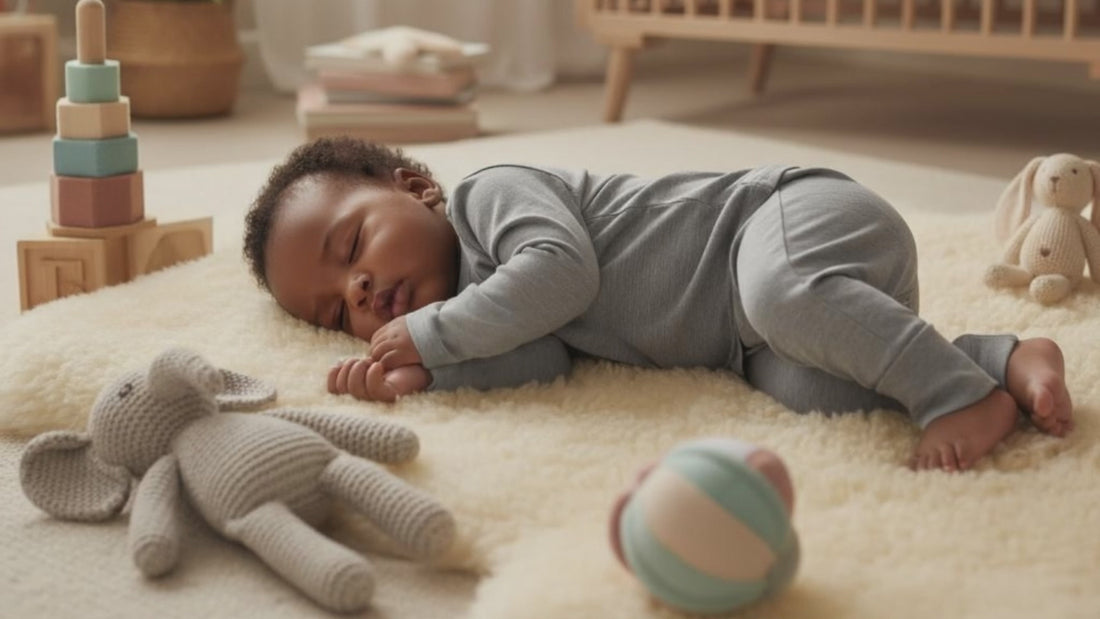 Baby slowly waking up laying on a soft white rug in their bedroom