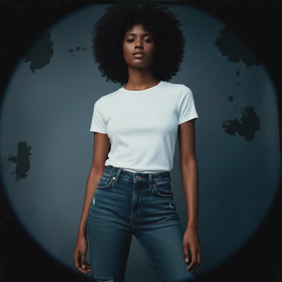 black female wearing a white tagless t-shirt